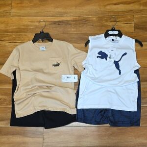 NEW Puma Sz M (10-12) Kids Beige Pocket Tee & White Sleeveless Graphic Top Set
